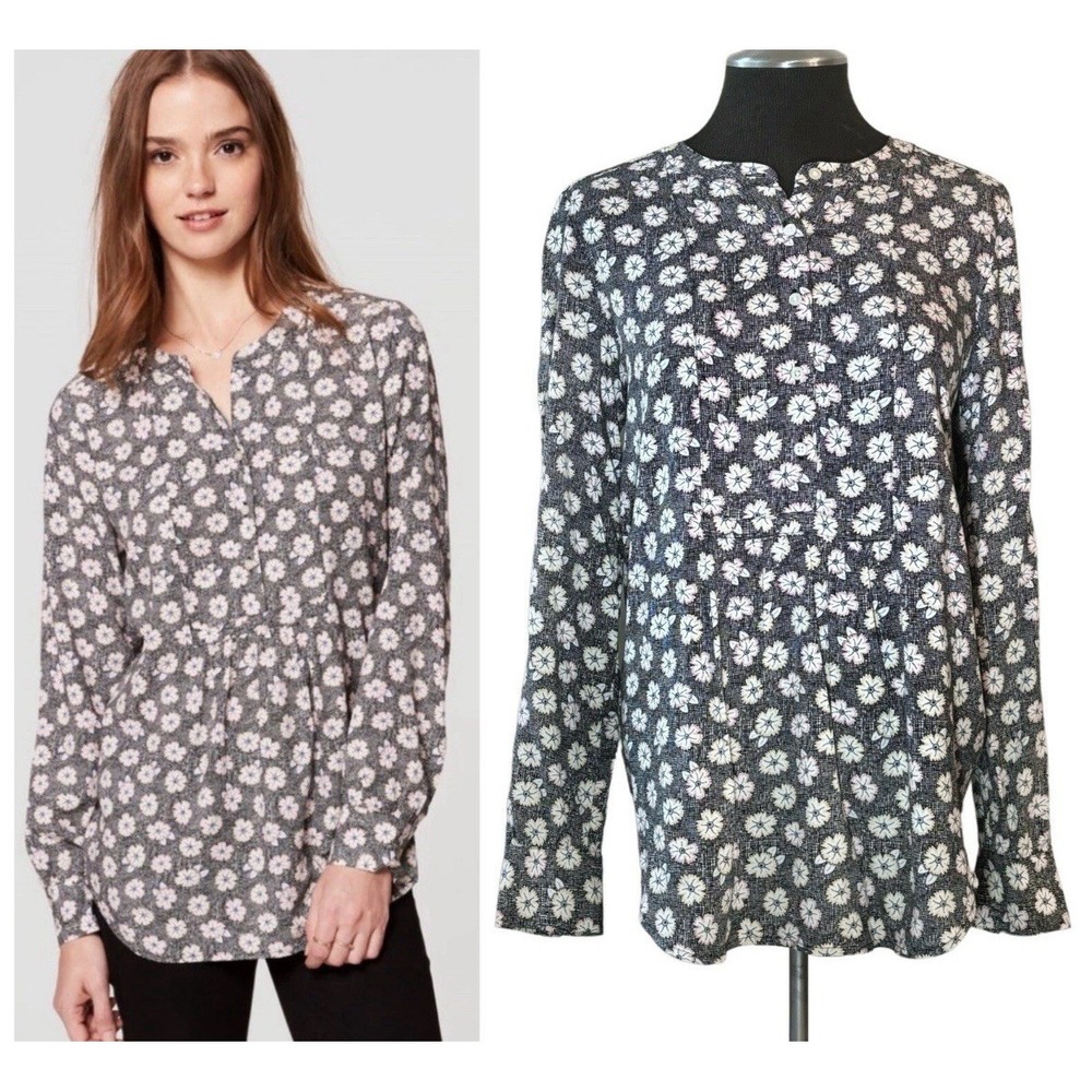 LOFT Women's Black Floral Sketch Pullover Long Sleeve Blouse Size XS‎